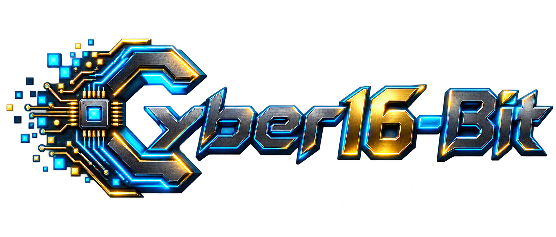 Cyber16-Bit — electric blue and gold circuit logo